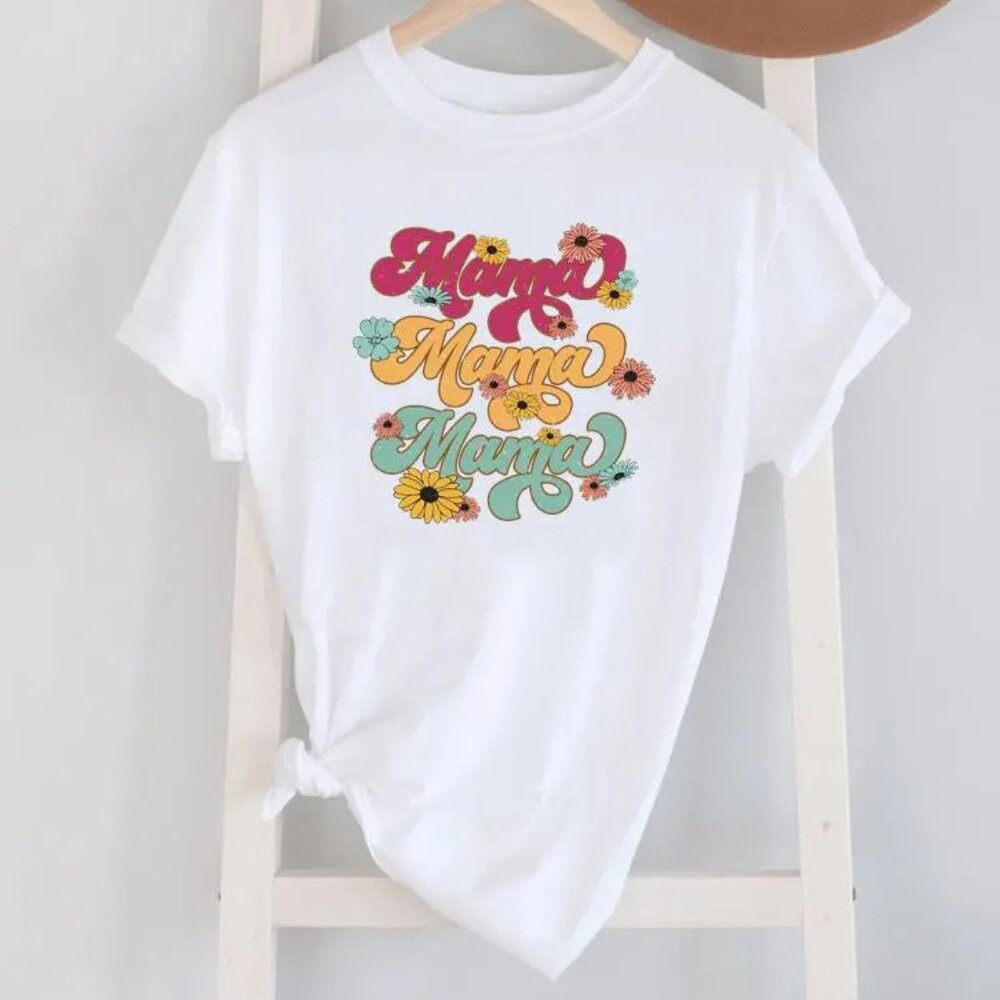 Women's MAMA Multicolor Logo Printed Round Neck Short-Sleeved T-Shirt Size L - Picture 2 of 2